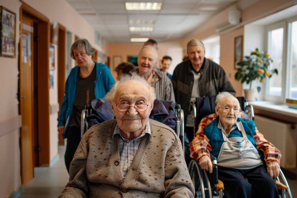 A senior adult sits with family members packing personal belongings in a cozy living room.