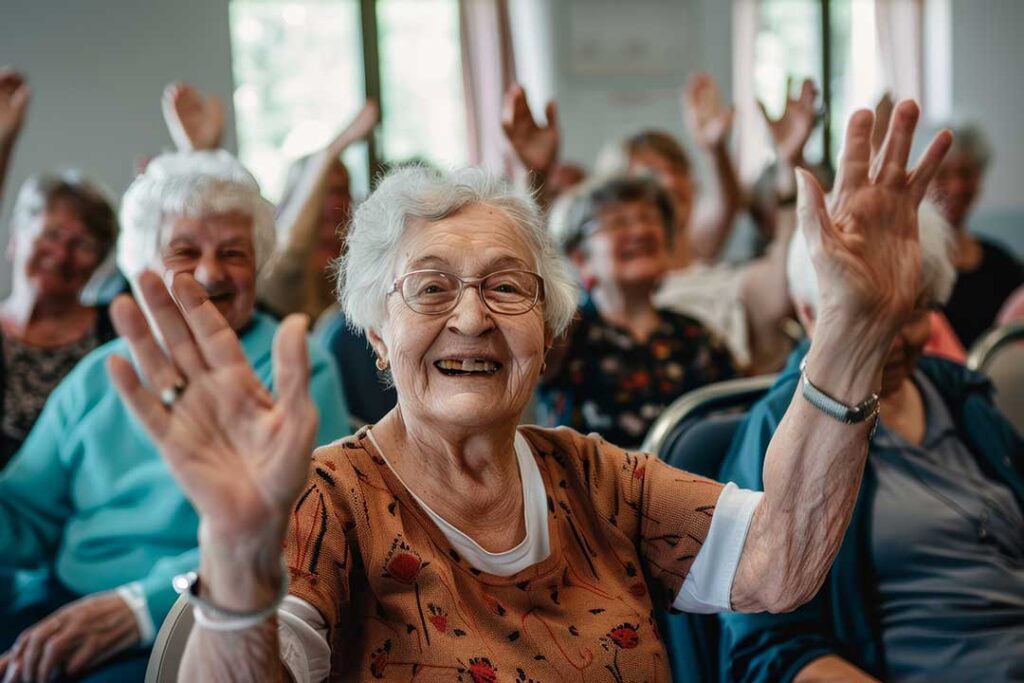 Social worker meeting with an assisted living resident and family member at a table with care notes