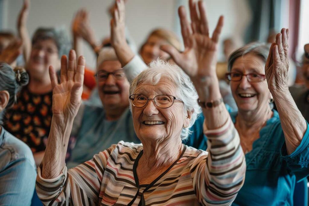 Caregivers assist older adults in a bright assisted living common area during a daytime shift.