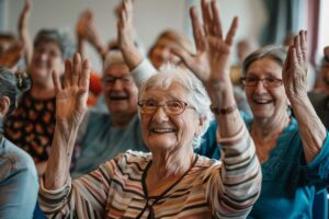 Caregivers assist older adults in a bright assisted living common area during a daytime shift.
